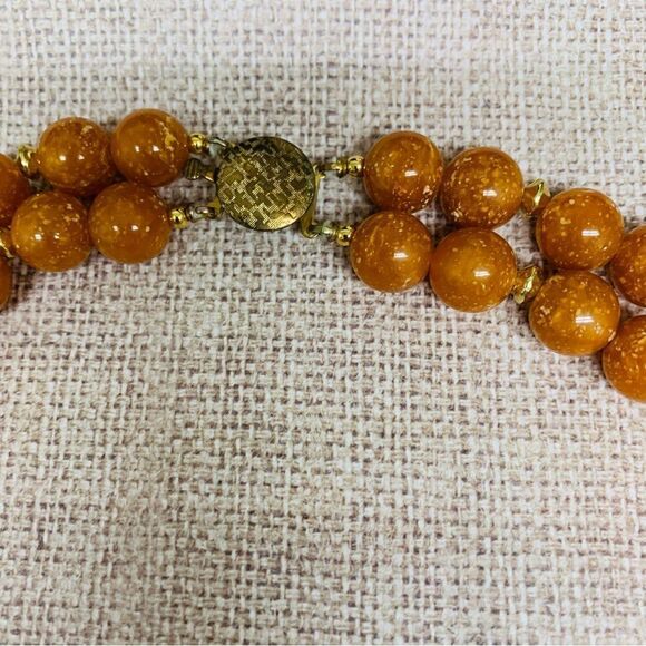 VTG Double Strand Orange Acrylic Gold Beaded Necklace - Picture 3 of 3